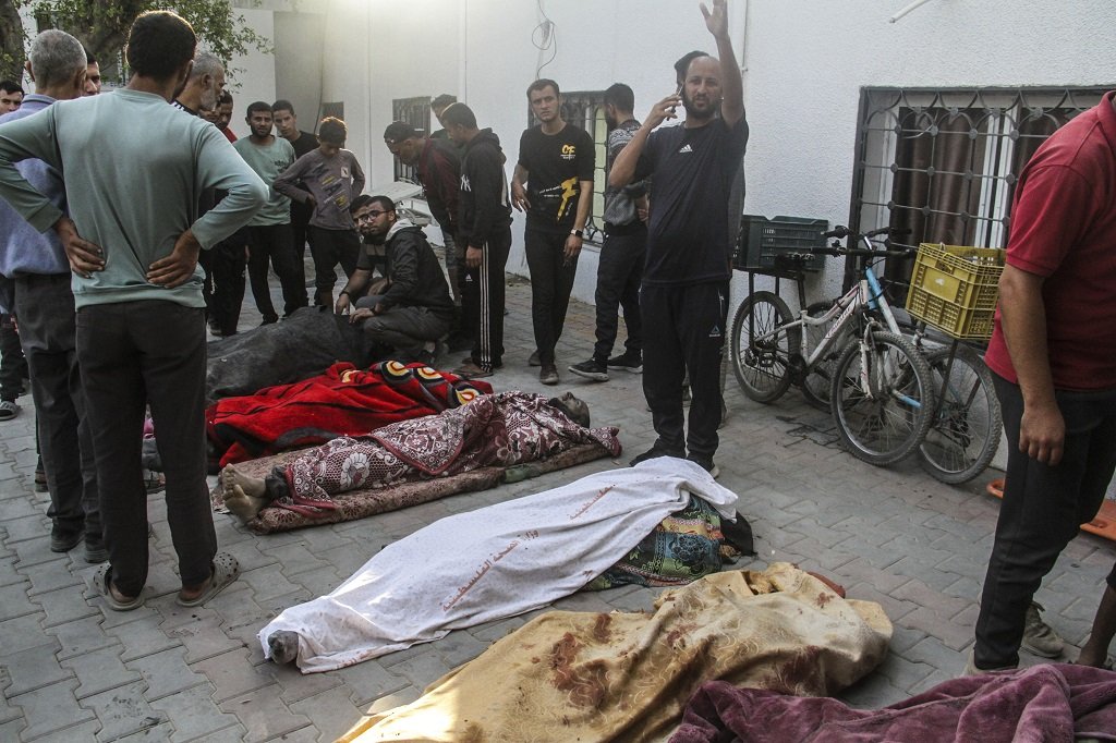 GAZA CITY, GAZA - NOVEMBER 07: (EDITOR'S NOTE: Image depicts death) Dead bodies of Palestinians, who lost their lives after Israeli attack hit Shuhaibar Shcool, which serves as a shelter for displaced people in the Shati Refugee Camp, are seen in western Gaza City, Gaza on November 07, 2024. The strike killed 10 people, including two children, and injured several others at Shuhaibar School. ( Mahmoud İssa - Anadolu Agency )