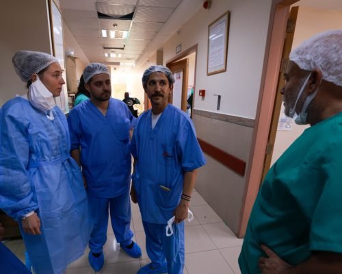 Hospital and MSF surgical team, Katrien, Dr. Sohaib Safi and Dr. Andres at Al Aqsa hospital. 29 November 2023, Middle Area, Gaza.