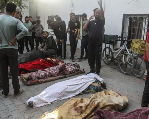 GAZA CITY, GAZA - NOVEMBER 07: (EDITOR'S NOTE: Image depicts death) Dead bodies of Palestinians, who lost their lives after Israeli attack hit Shuhaibar Shcool, which serves as a shelter for displaced people in the Shati Refugee Camp, are seen in western Gaza City, Gaza on November 07, 2024. The strike killed 10 people, including two children, and injured several others at Shuhaibar School. ( Mahmoud İssa - Anadolu Agency )