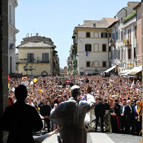 Pope Leo XIV greets visitors ahead of the Angelus prayer in Castel Gandolfo, Italy, July 20, 2025. (CNS photo/Vatican Media)