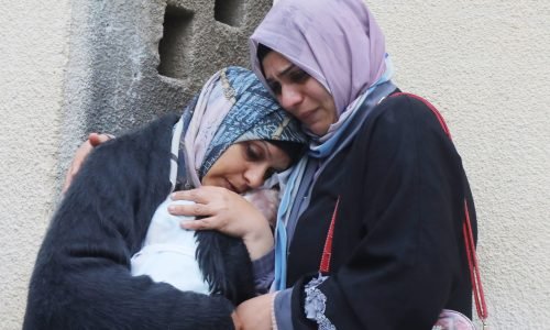 Relatives of the Palestinians died in Israeli attacks, mourn as they receive the dead bodies from the morgue of Al-Aqsa Hospital for burial in Dair El-Balah, Gaza Strip, 18 February 2024. Photo by Omar Ashtawy apaimages